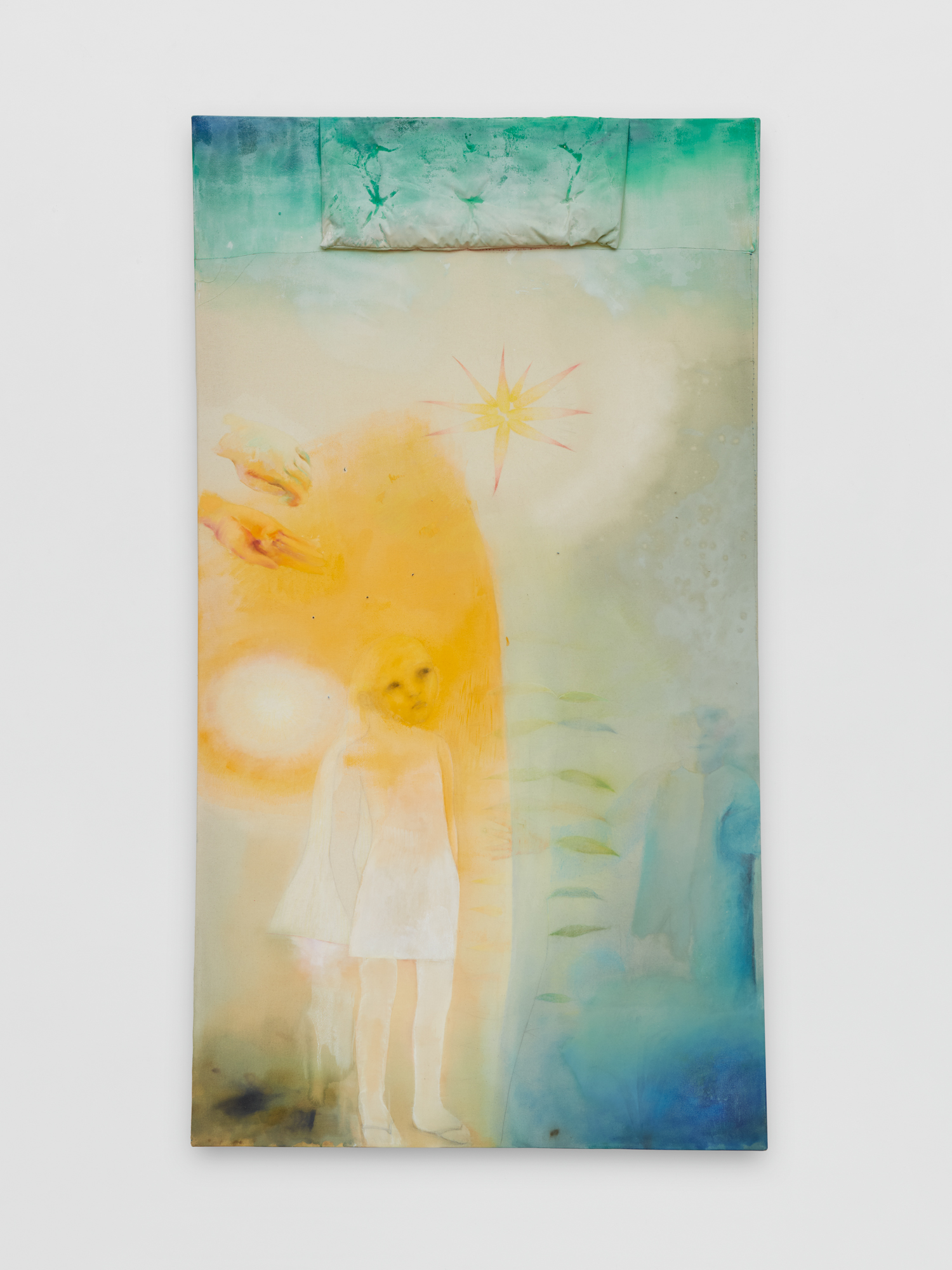 印花棉布面油画、丙烯与彩铅，羊毛，布料