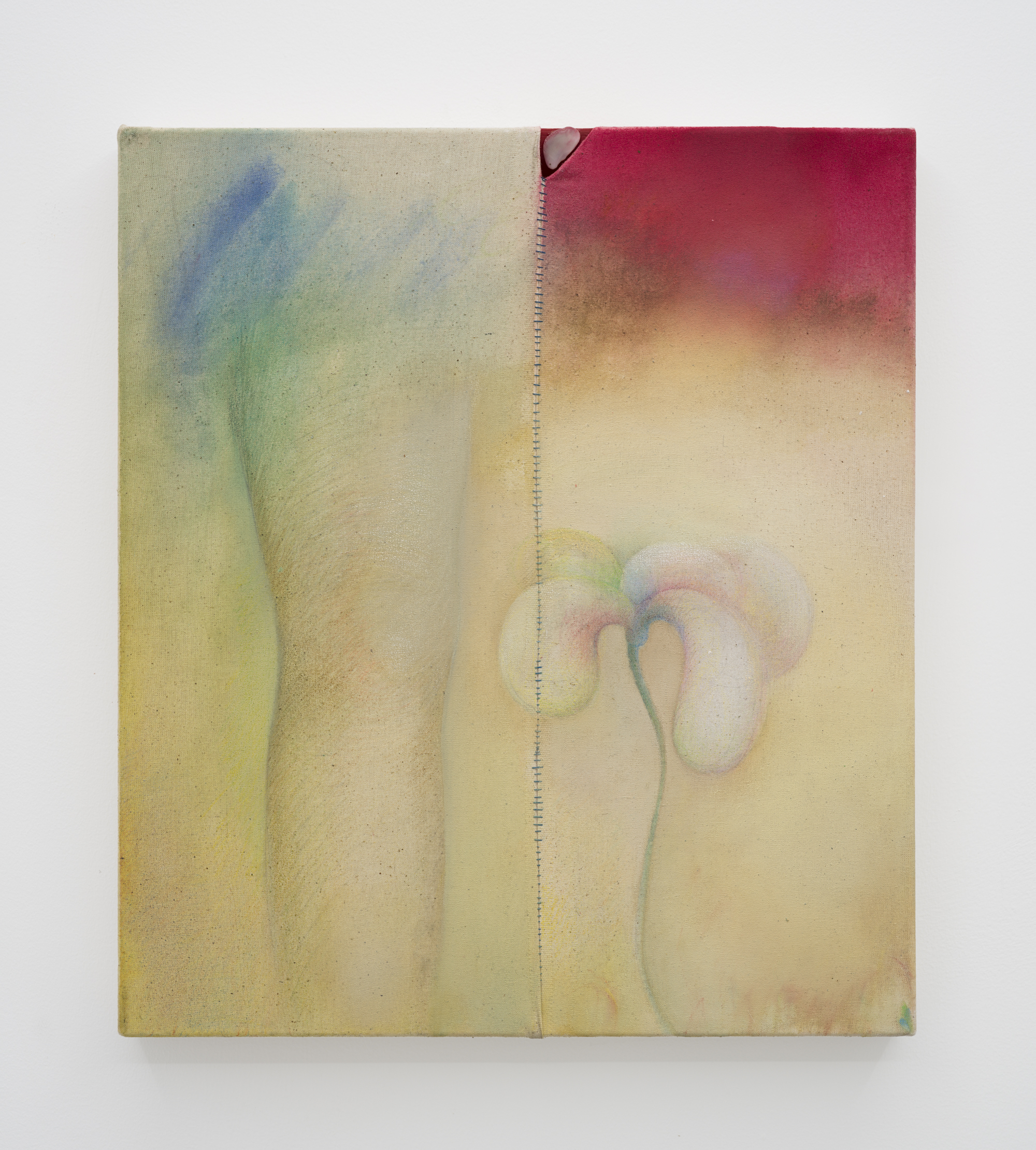 Oil, acrylic, cotton threads, and shell on canvas with artist's frame