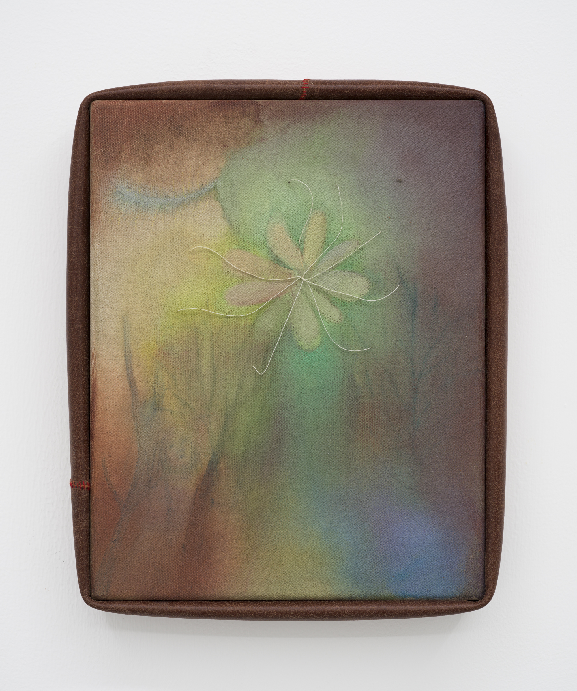 Oil, acrylic, cotton threads, and shell on canvas with artist's frame