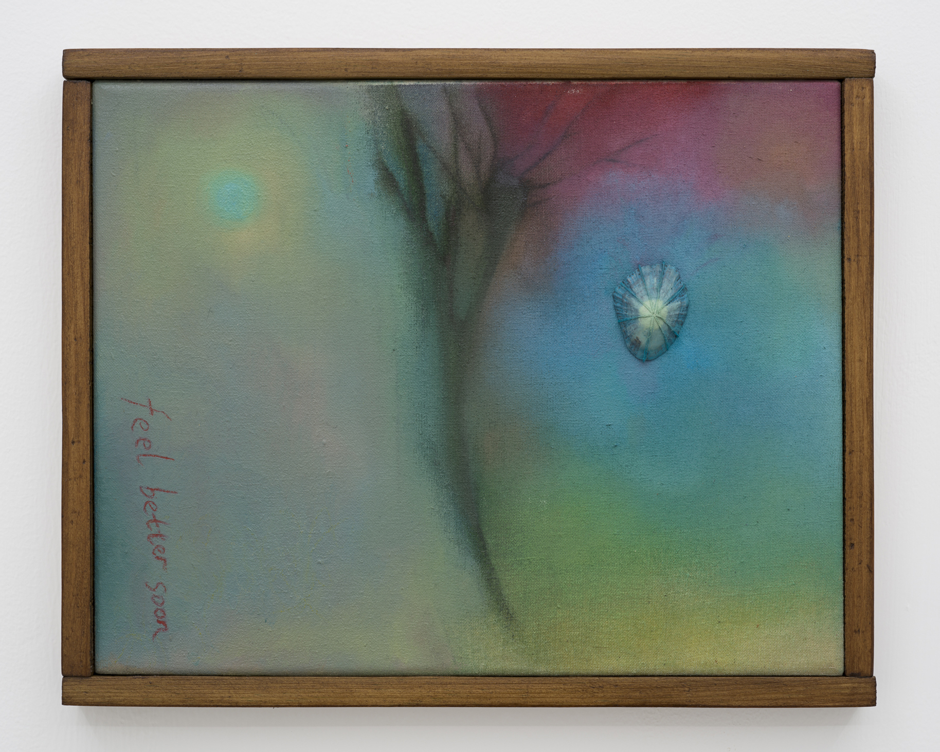 Oil, acrylic, cotton threads, and shell on canvas with artist's frame