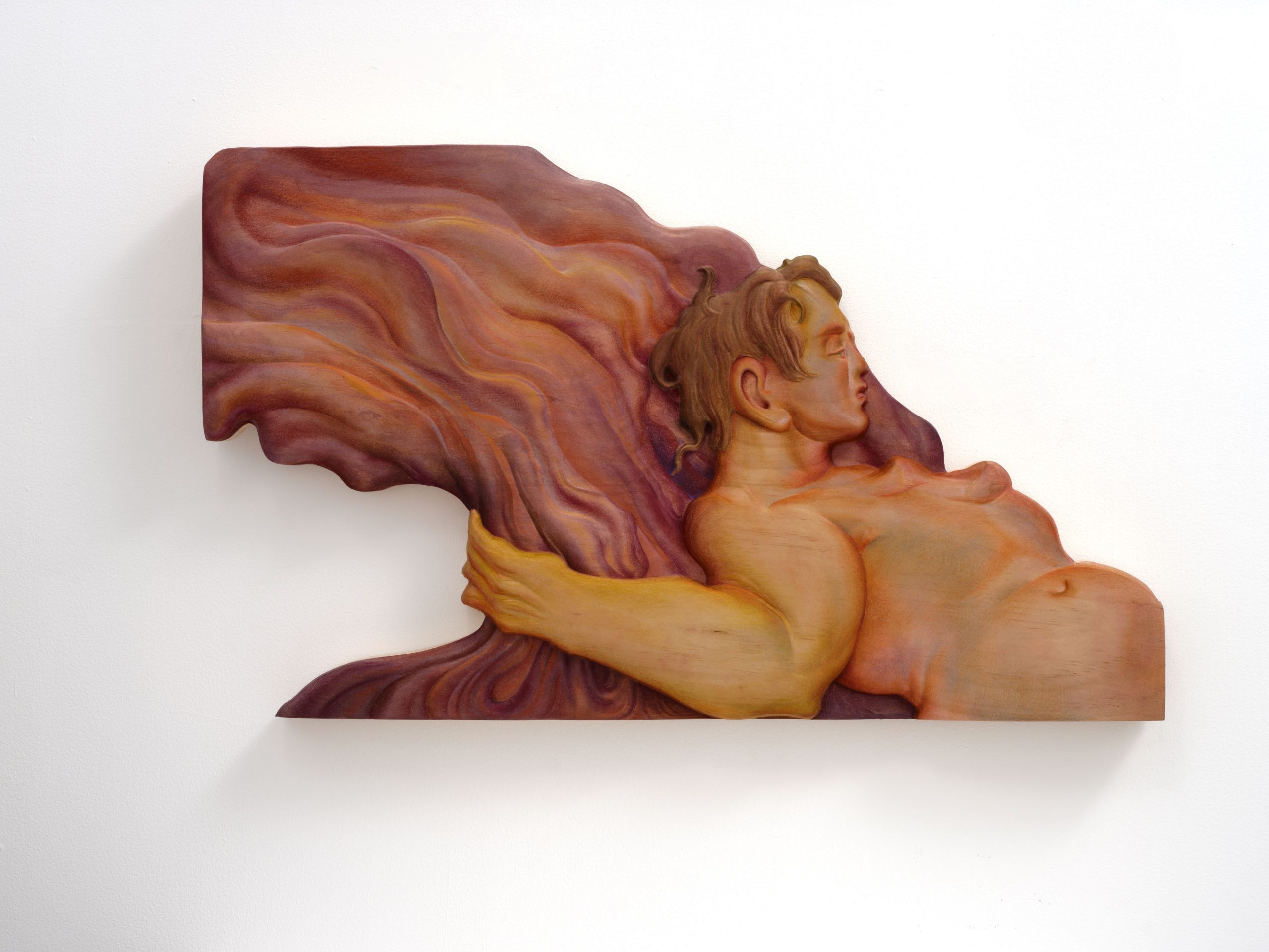 Wooden relief sculpture, watercolor, color pencil