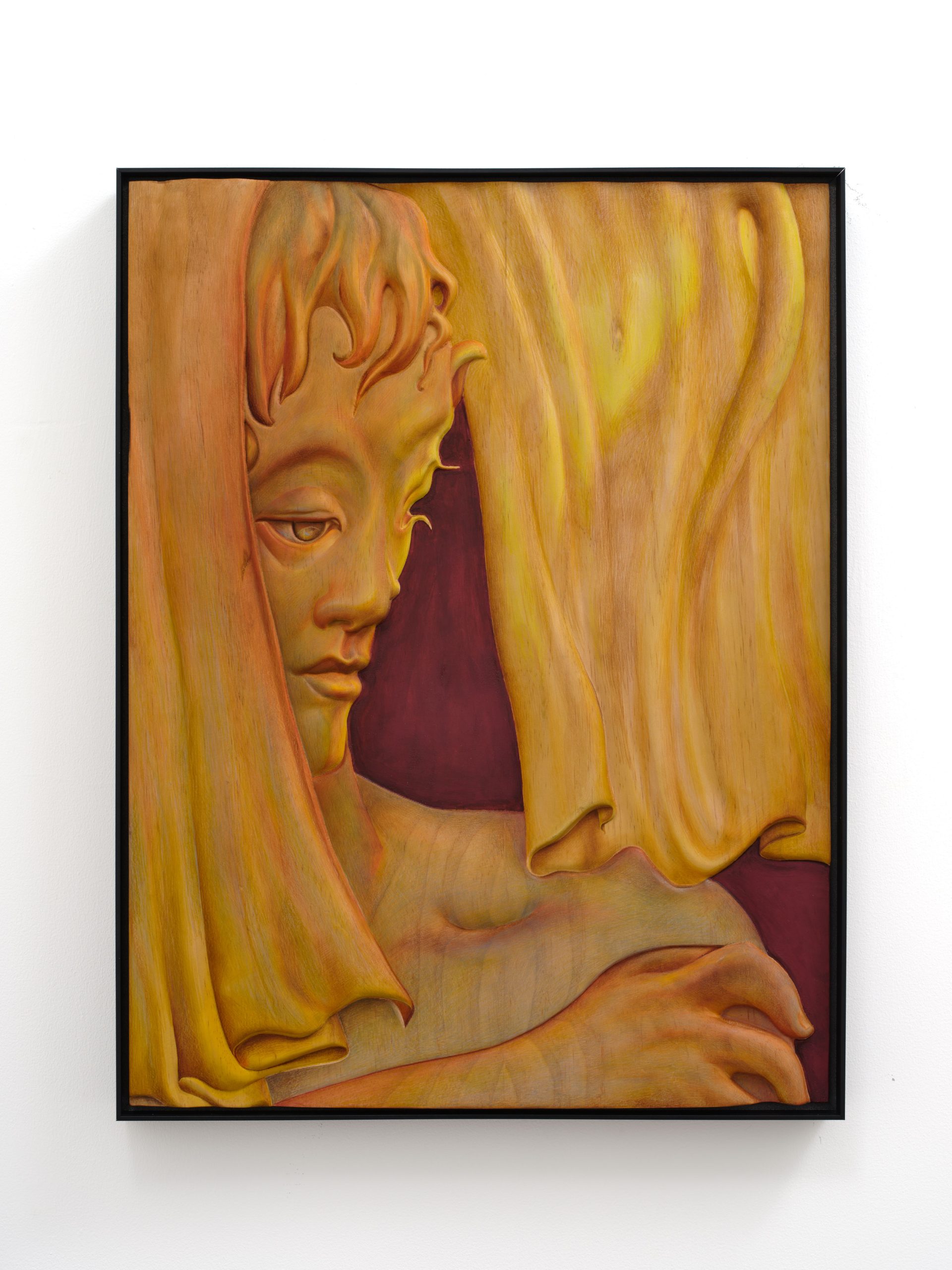 Wooden relief sculpture, watercolor, acrylic, color pencil