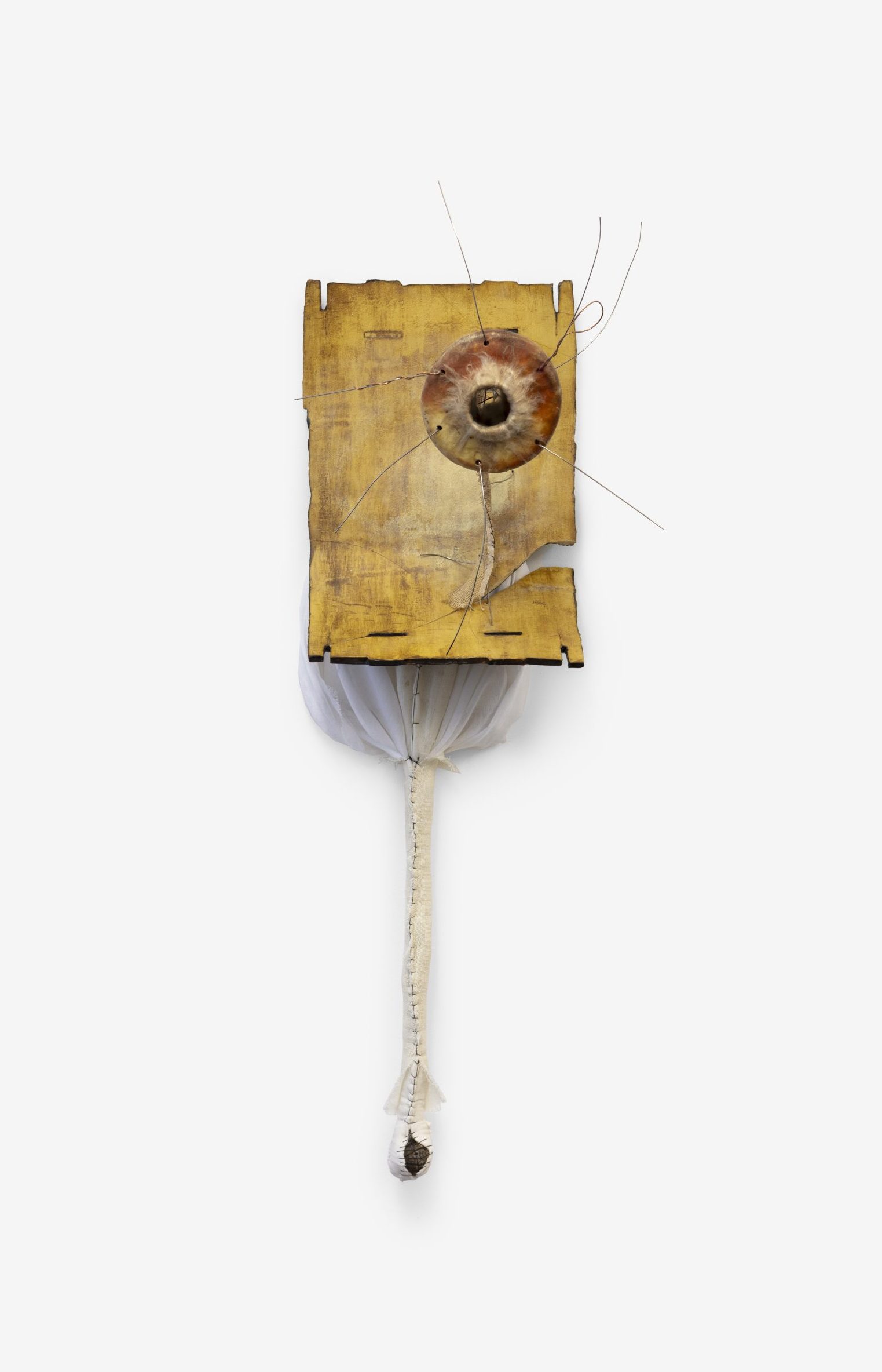 Glazed stoneware, acrylic paint, wax, mineral wool glass, fabric, thread, aluminium wire, walnut