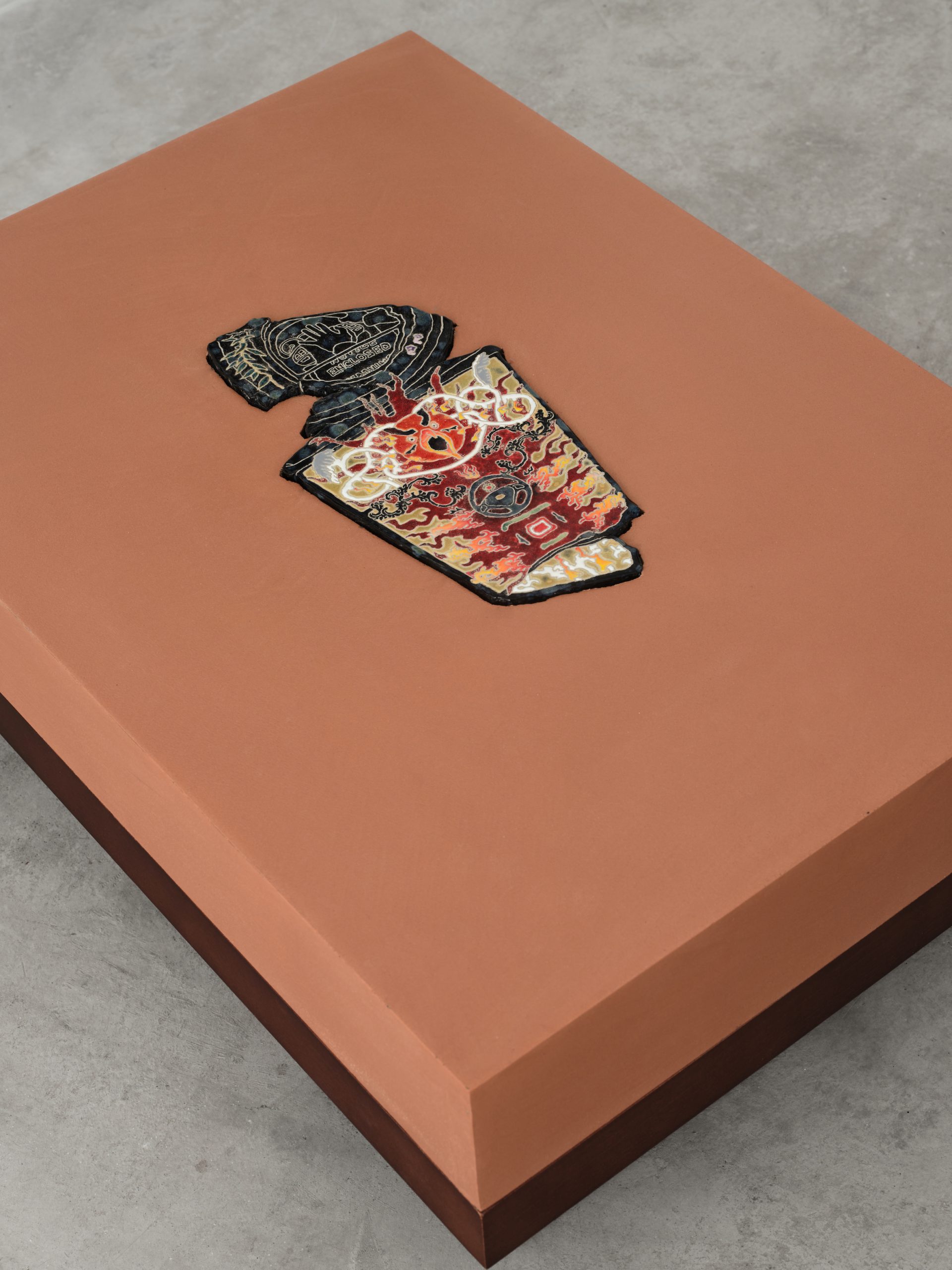 Glazed ceramic, pigment, tile grout and wooden stand