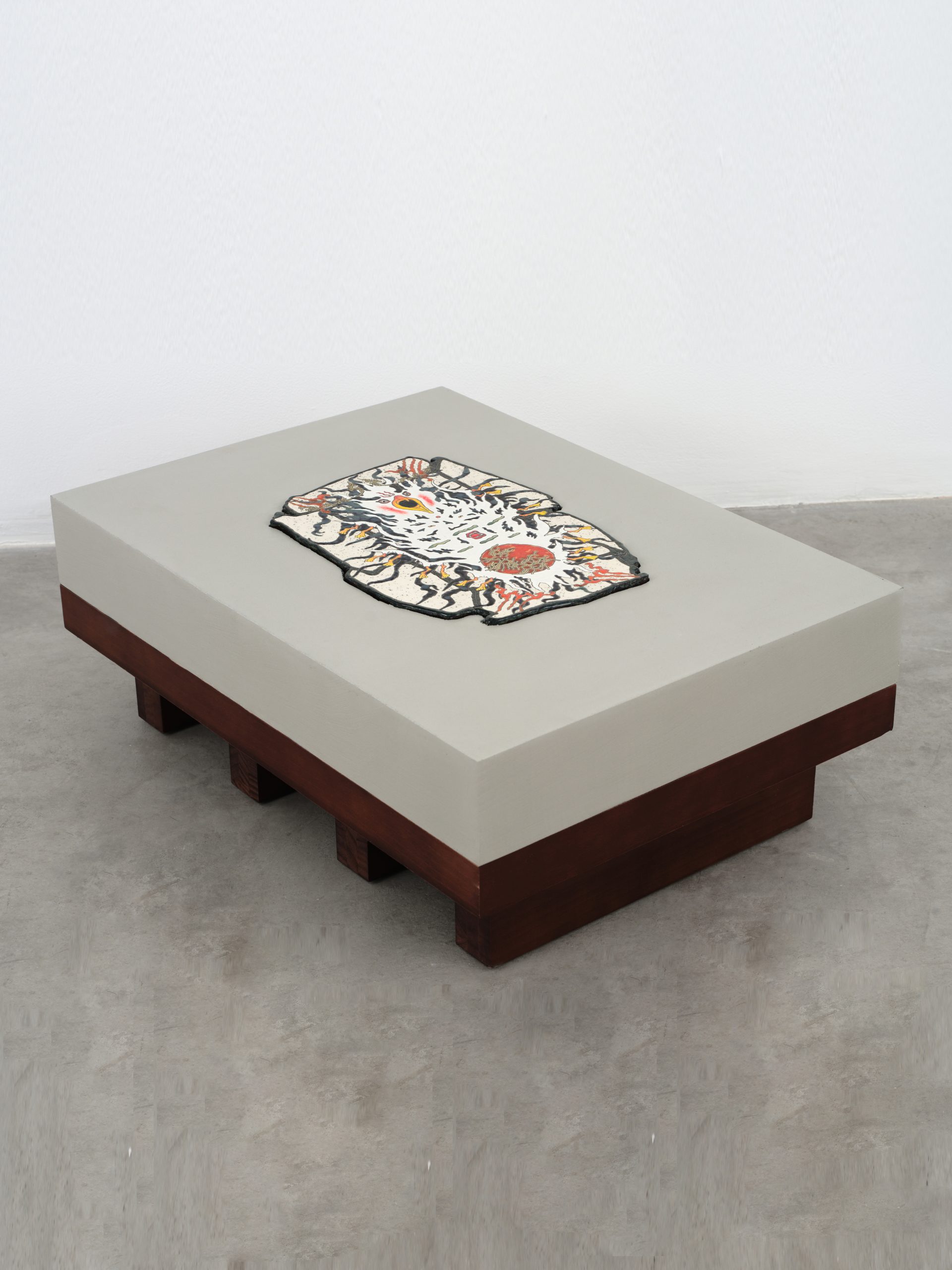 Glazed ceramic, pigment, tile grout and wooden stand