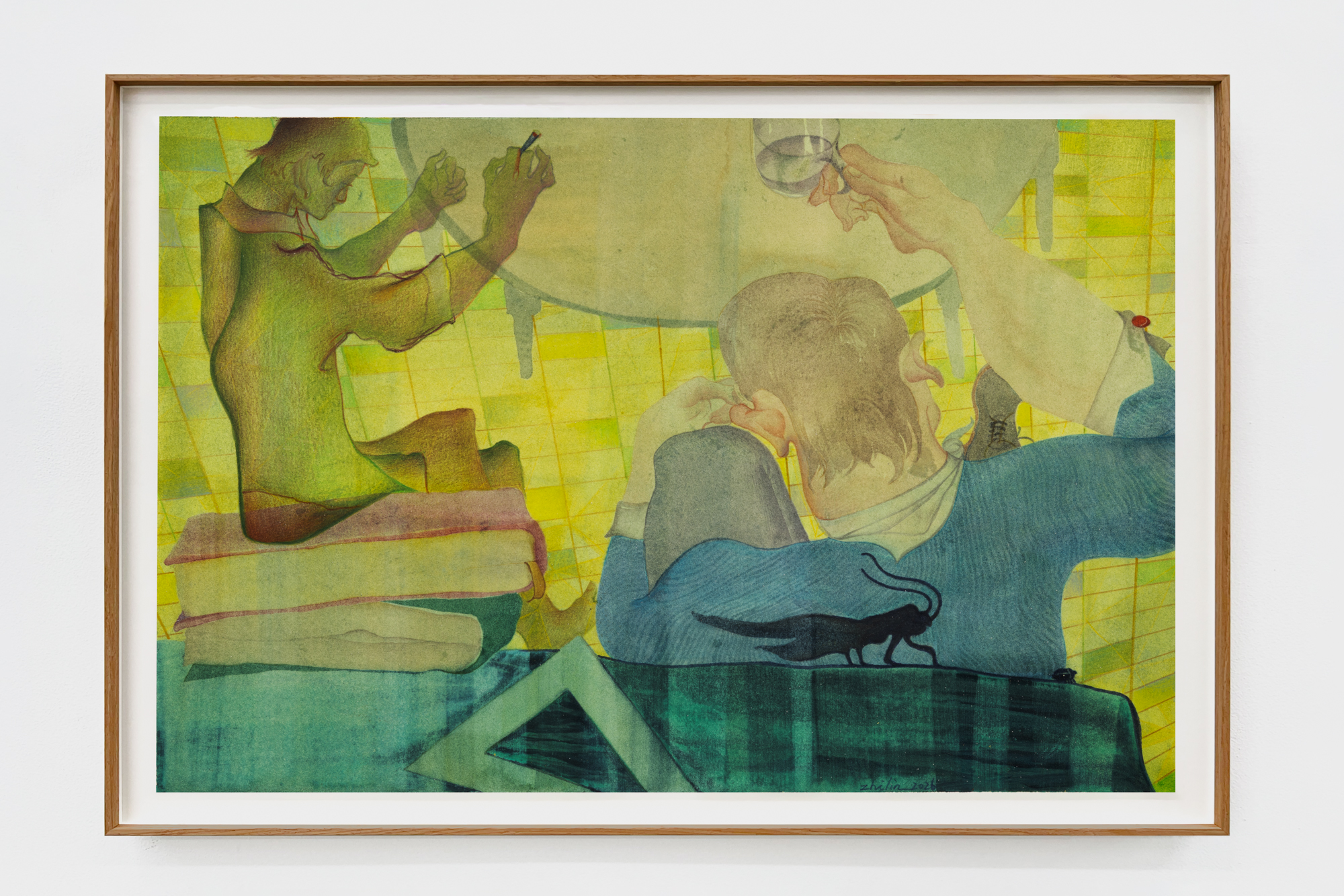 Gansai and coloured pencil on paper